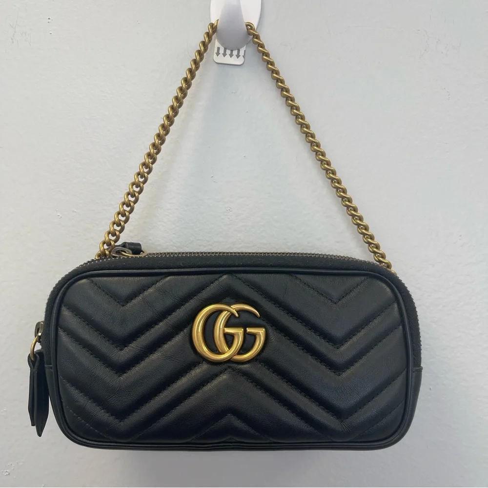 Gucci GG Marmont Triple Zip Chain Bag Matelasse Leather Mini in Black - Preowned